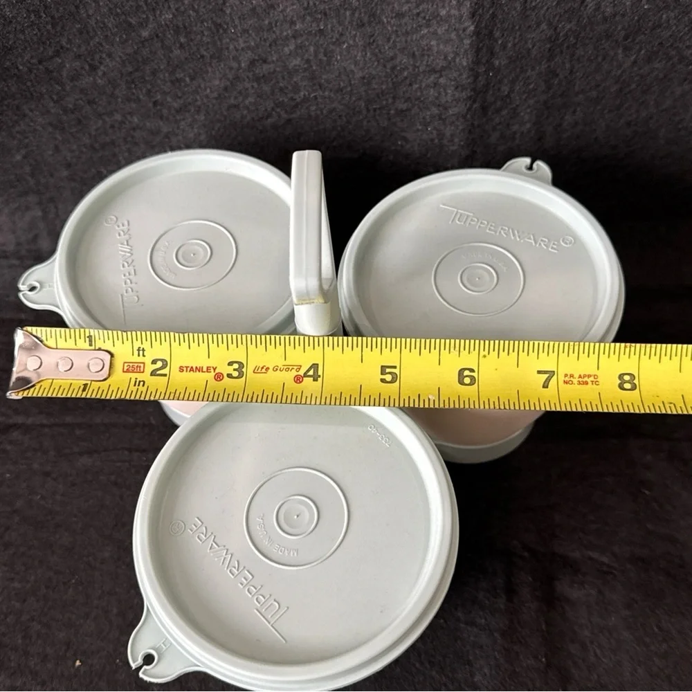 Vintage Tupperware 3 Container Condiment Set Caddy #757-4 w/ Blue Lids